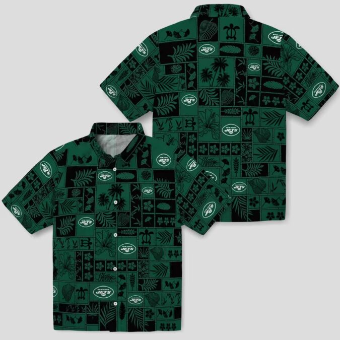 New York Jets Tropical Patchwork Hawaiian Shirt, Green Black Floral Football Fan Wear