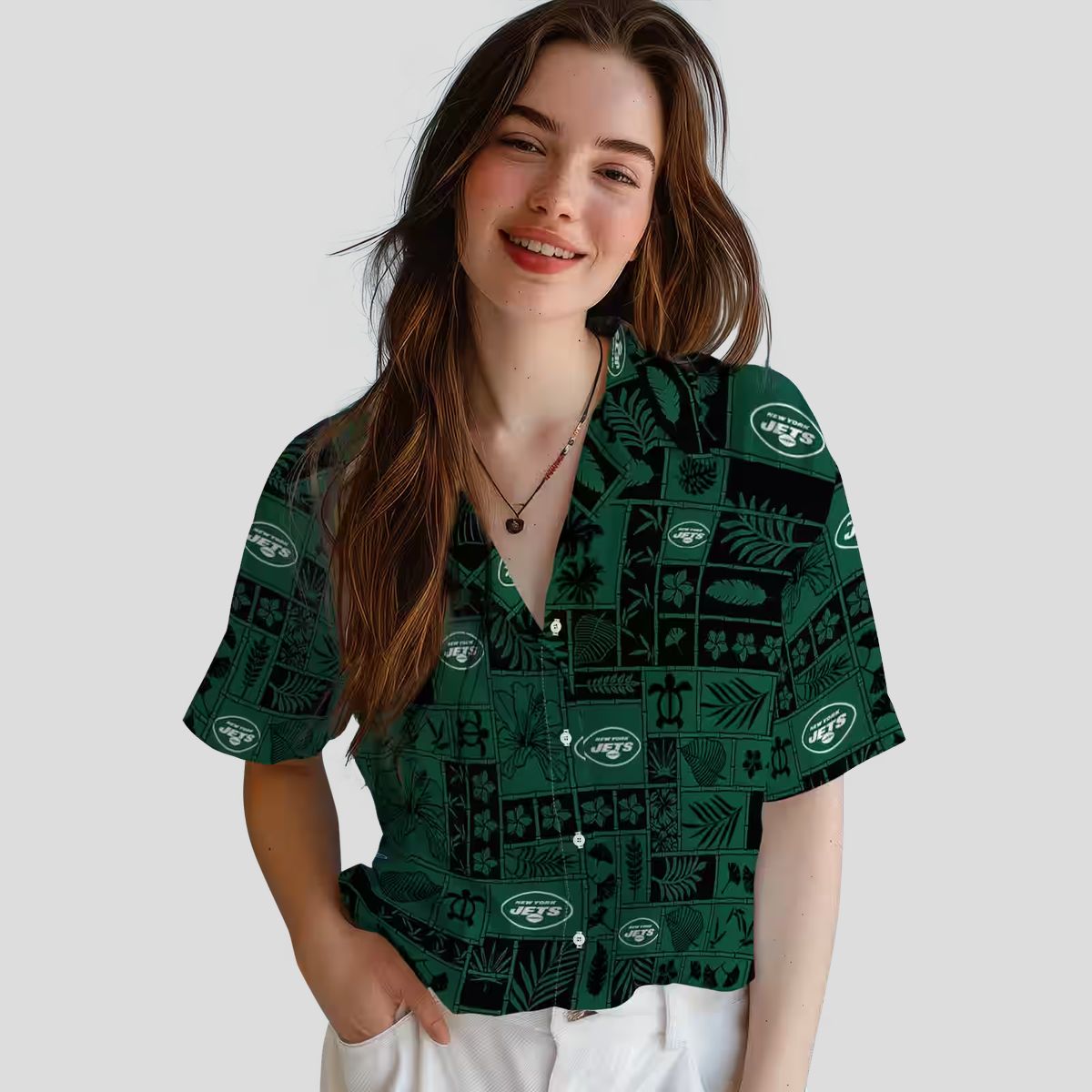 New York Jets Tropical Patchwork Hawaiian Shirt, Green Black Floral Football Fan Wear