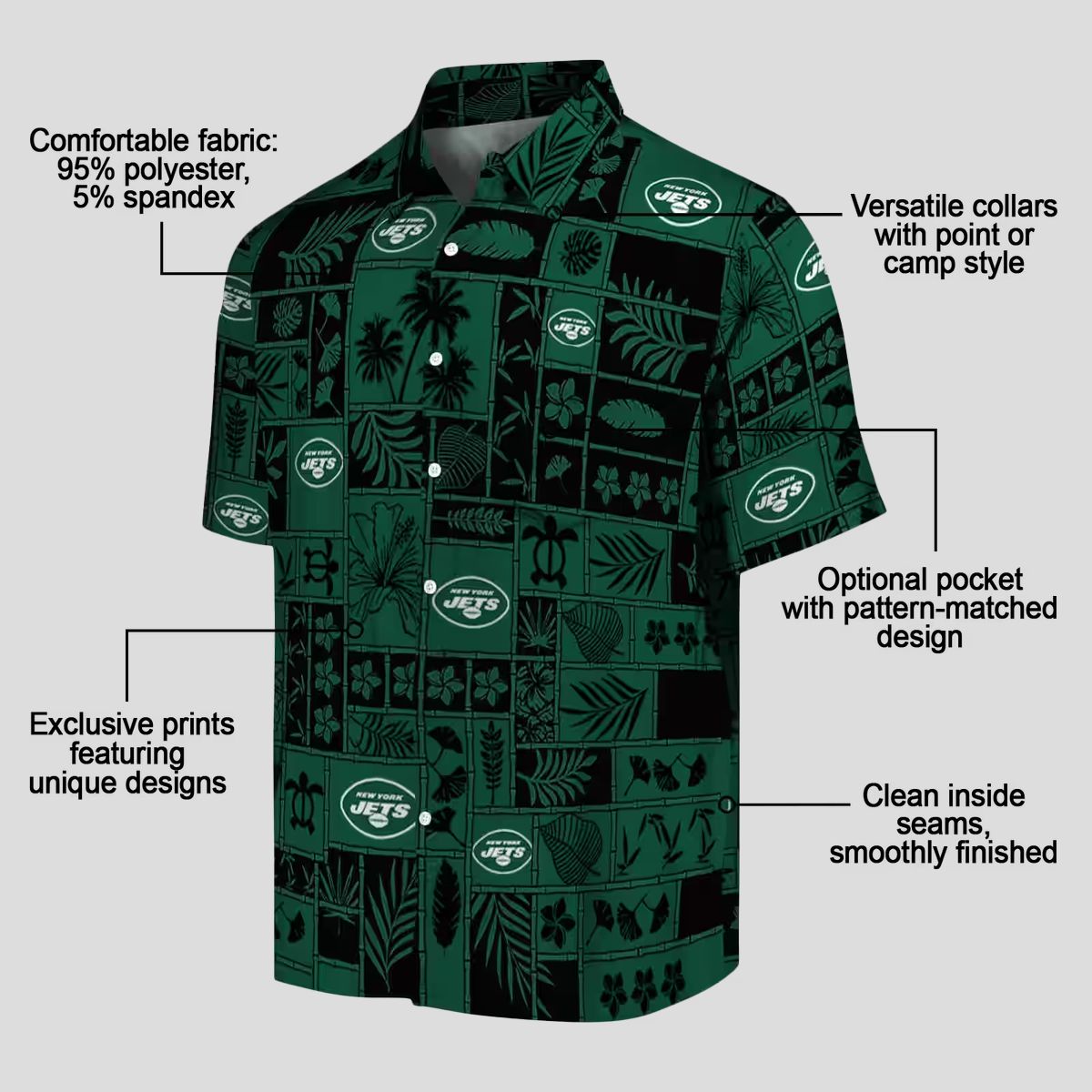 New York Jets Tropical Patchwork Hawaiian Shirt, Green Black Floral Football Fan Wear