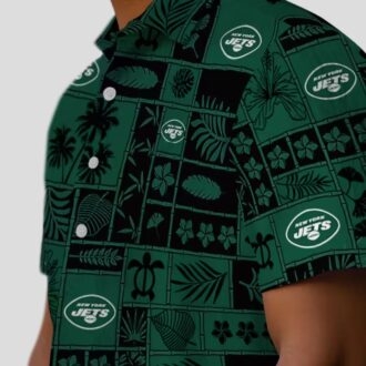New York Jets Tropical Patchwork Hawaiian Shirt, Green Black Floral Football Fan Wear