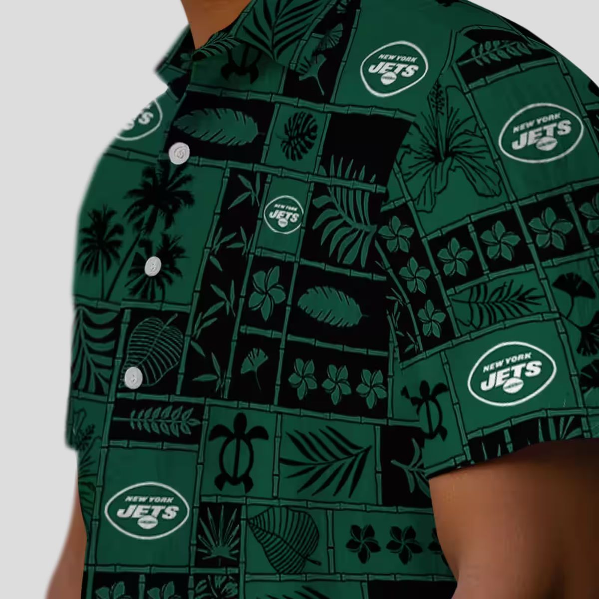 New York Jets Tropical Patchwork Hawaiian Shirt, Green Black Floral Football Fan Wear