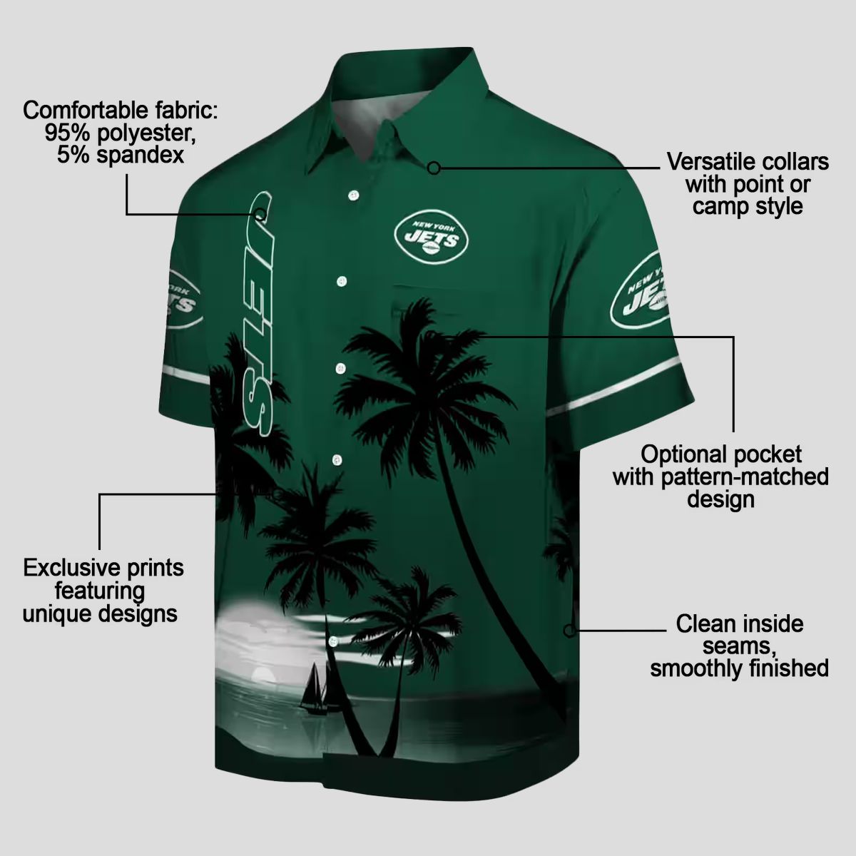 NFL New York Jets Beach Sunset Shirt, Green & Black Tropical Hawaiian Aloha Apparel
