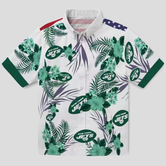 NFL New York Jets Patriotic Hawaiian Shirt - Hibiscus Green White Print