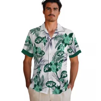 NFL New York Jets Patriotic Hawaiian Shirt - Hibiscus Green White Print