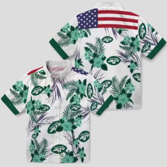 NFL New York Jets Patriotic Hawaiian Shirt - Hibiscus Green White Print