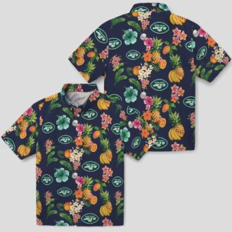 Tropical New York Jets Aloha Hawaiian Shirt, Navy Blue Hibiscus NFL Apparel