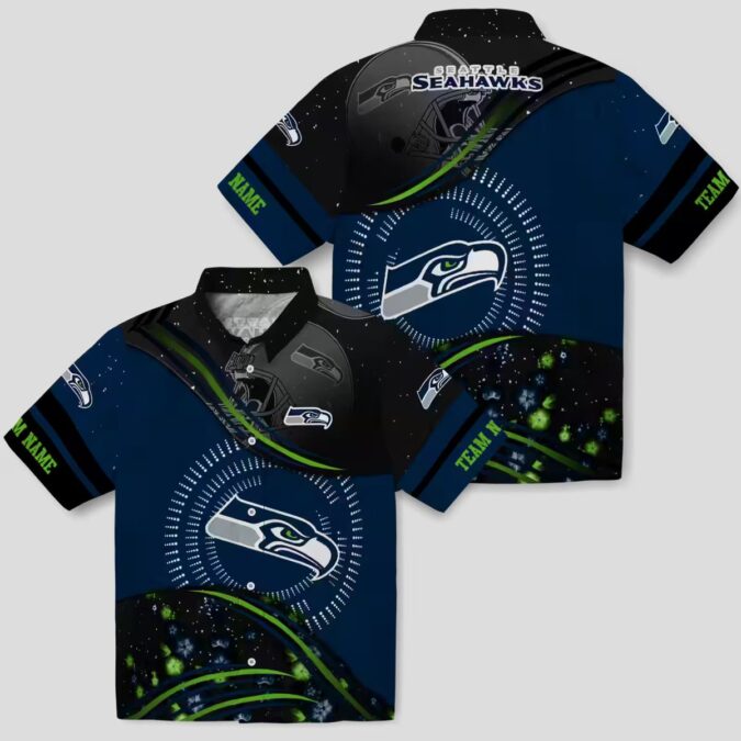 Blue & Black Seahawks Hawaiian Shirt - Football Wave Pattern Design
