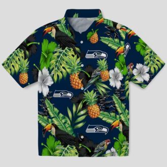 Blue Green Seahawks Tropical Aloha Shirt with Toucan Hibiscus & Pineapple