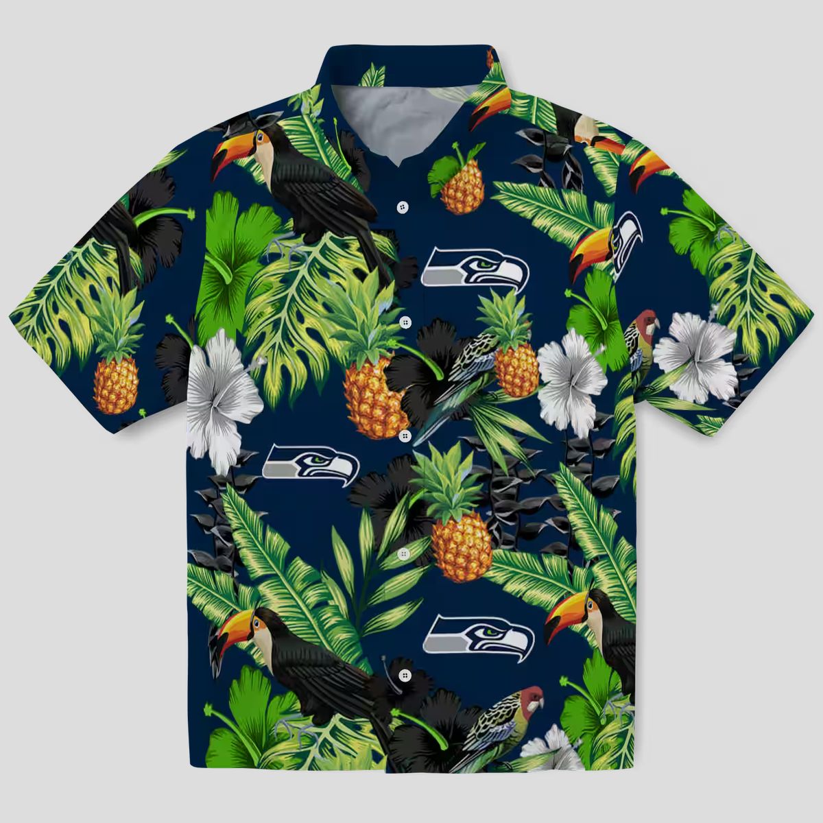 Blue Green Seahawks Tropical Aloha Shirt with Toucan Hibiscus & Pineapple