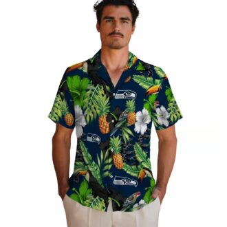 Blue Green Seahawks Tropical Aloha Shirt with Toucan Hibiscus & Pineapple