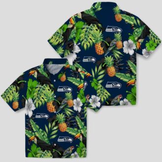 Blue Green Seahawks Tropical Aloha Shirt with Toucan Hibiscus & Pineapple