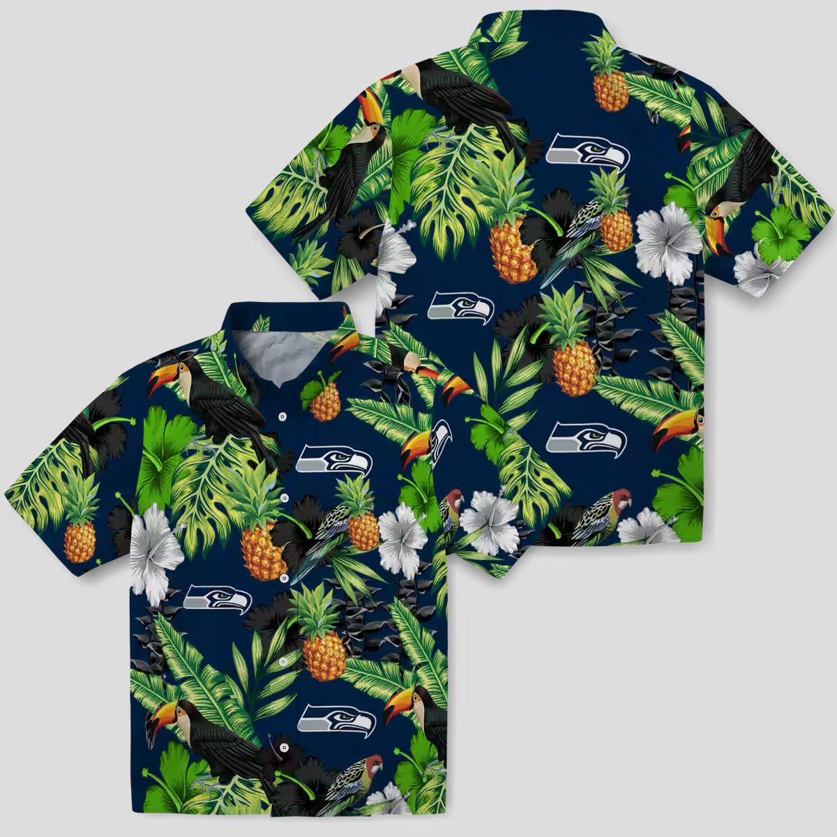 Blue Green Seahawks Tropical Aloha Shirt with Toucan Hibiscus & Pineapple