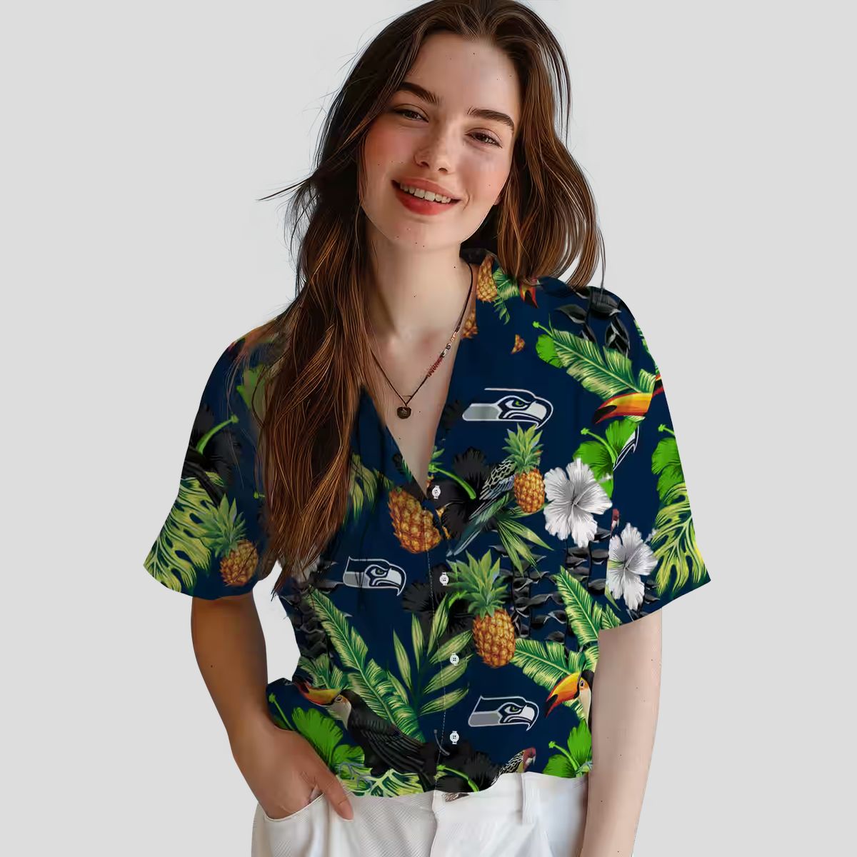 Blue Green Seahawks Tropical Aloha Shirt with Toucan Hibiscus & Pineapple