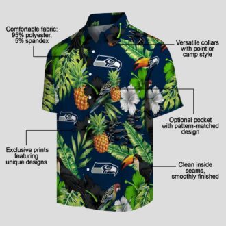 Blue Green Seahawks Tropical Aloha Shirt with Toucan Hibiscus & Pineapple