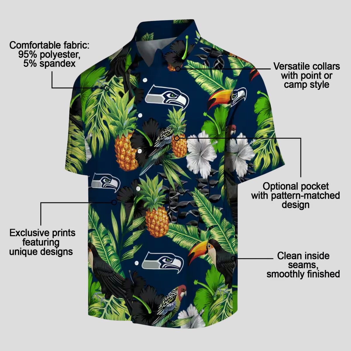 Blue Green Seahawks Tropical Aloha Shirt with Toucan Hibiscus & Pineapple