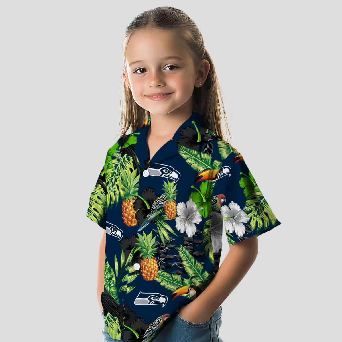 Blue Green Seahawks Tropical Aloha Shirt with Toucan Hibiscus & Pineapple