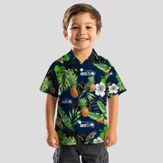 Blue Green Seahawks Tropical Aloha Shirt with Toucan Hibiscus & Pineapple