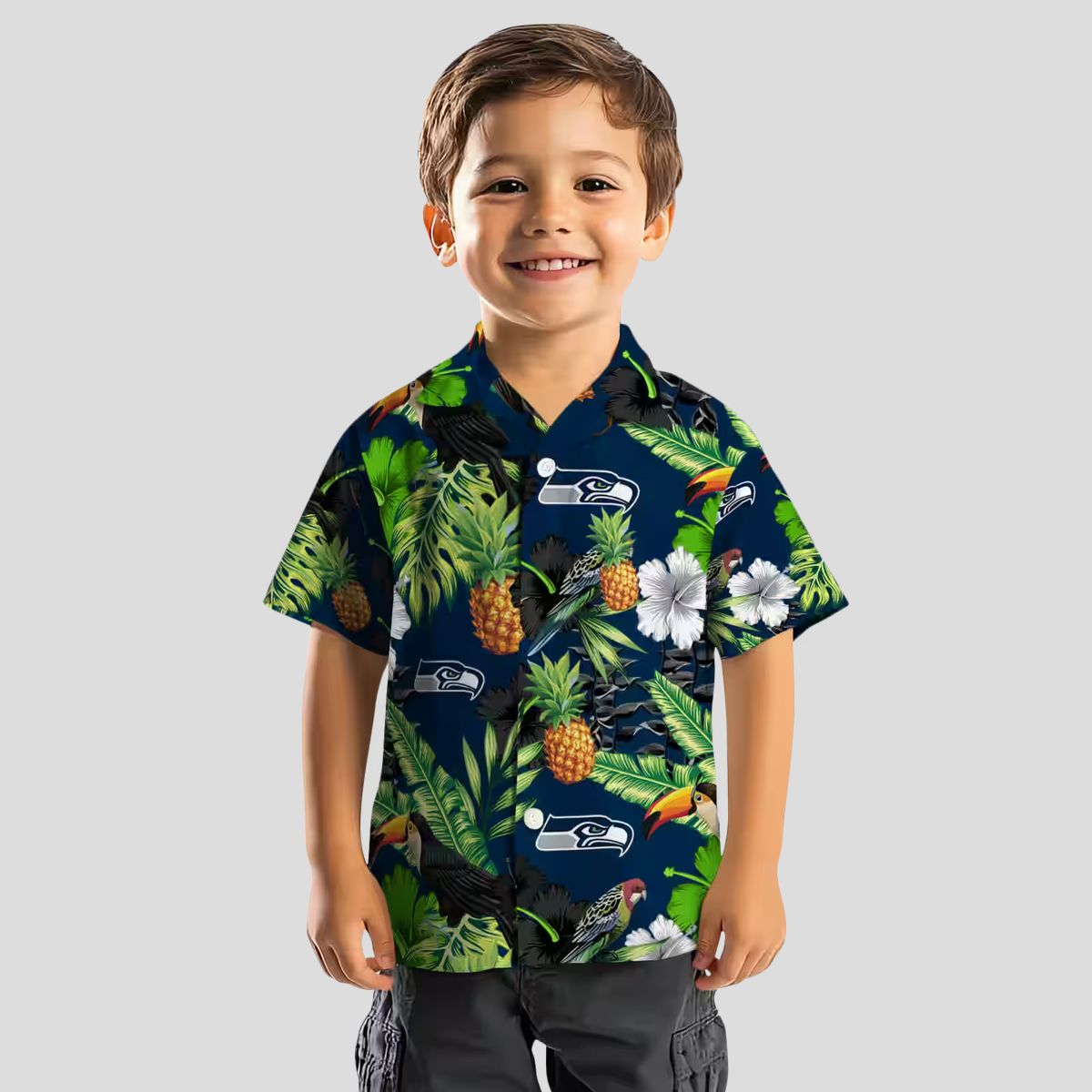 Blue Green Seahawks Tropical Aloha Shirt with Toucan Hibiscus & Pineapple