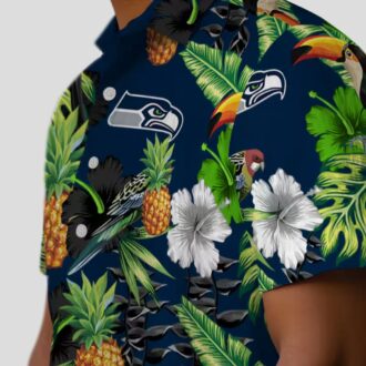 Blue Green Seahawks Tropical Aloha Shirt with Toucan Hibiscus & Pineapple