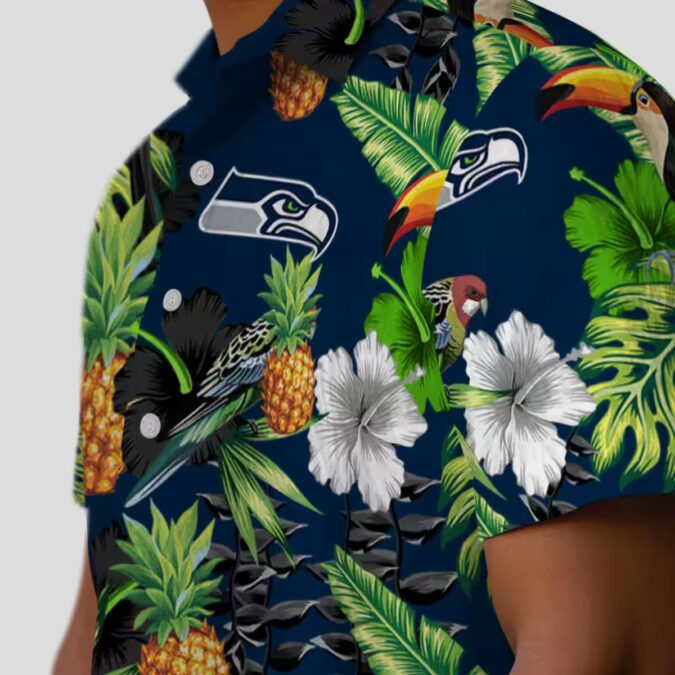 Blue Green Seahawks Tropical Aloha Shirt with Toucan Hibiscus & Pineapple