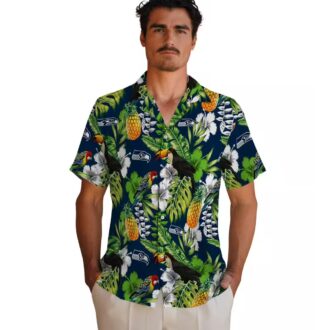 Custom Seahawks Tropical Toucan Hawaiian Shirt, Blue Floral Beach Outfit