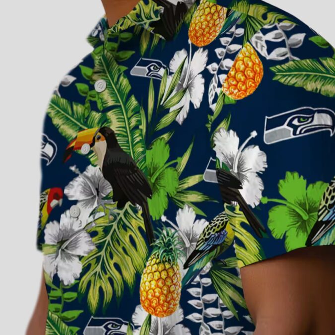 Custom Seahawks Tropical Toucan Hawaiian Shirt, Blue Floral Beach Outfit