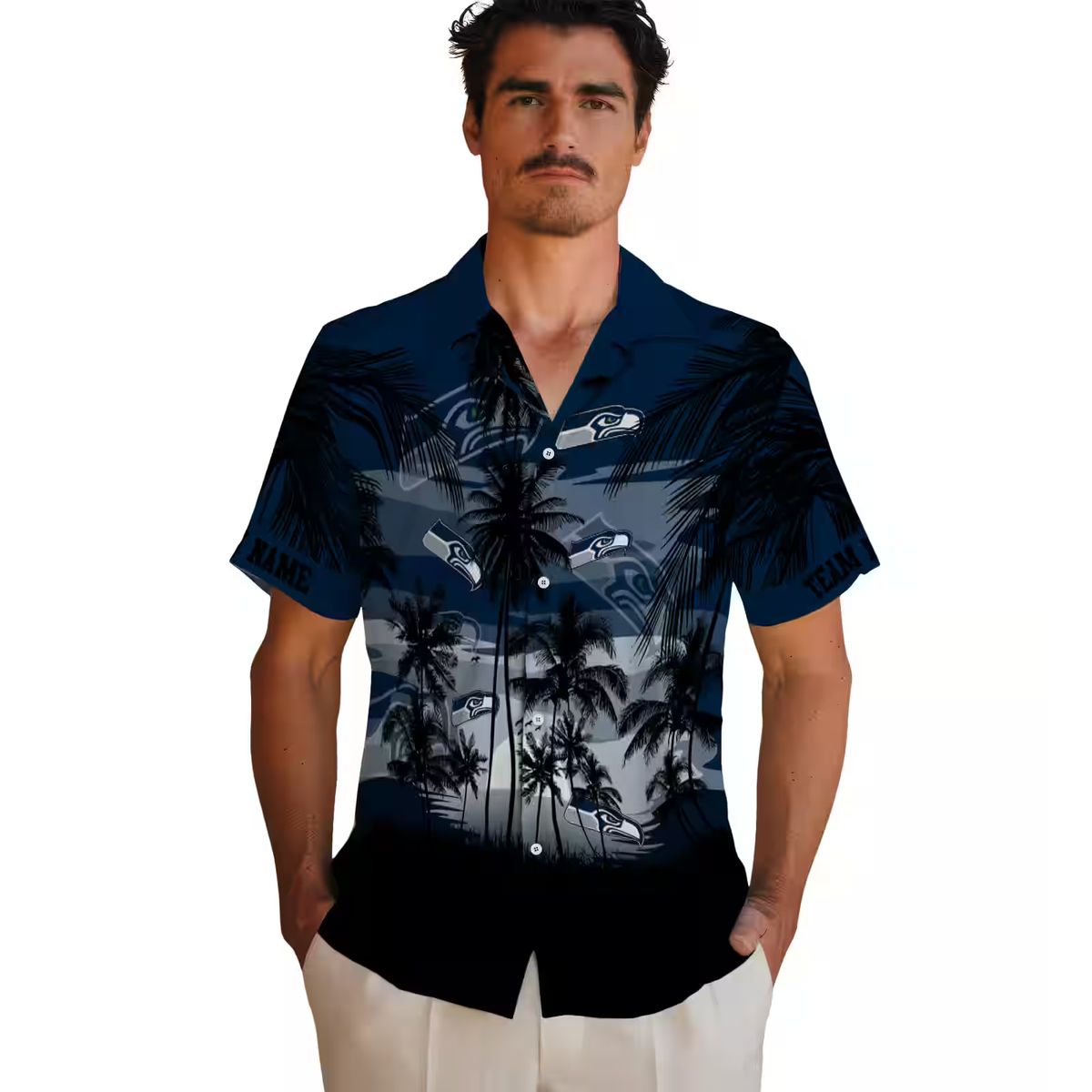 Custom Seattle Seahawks Sunset Aloha Shirt - Blue & Black Tropical Style