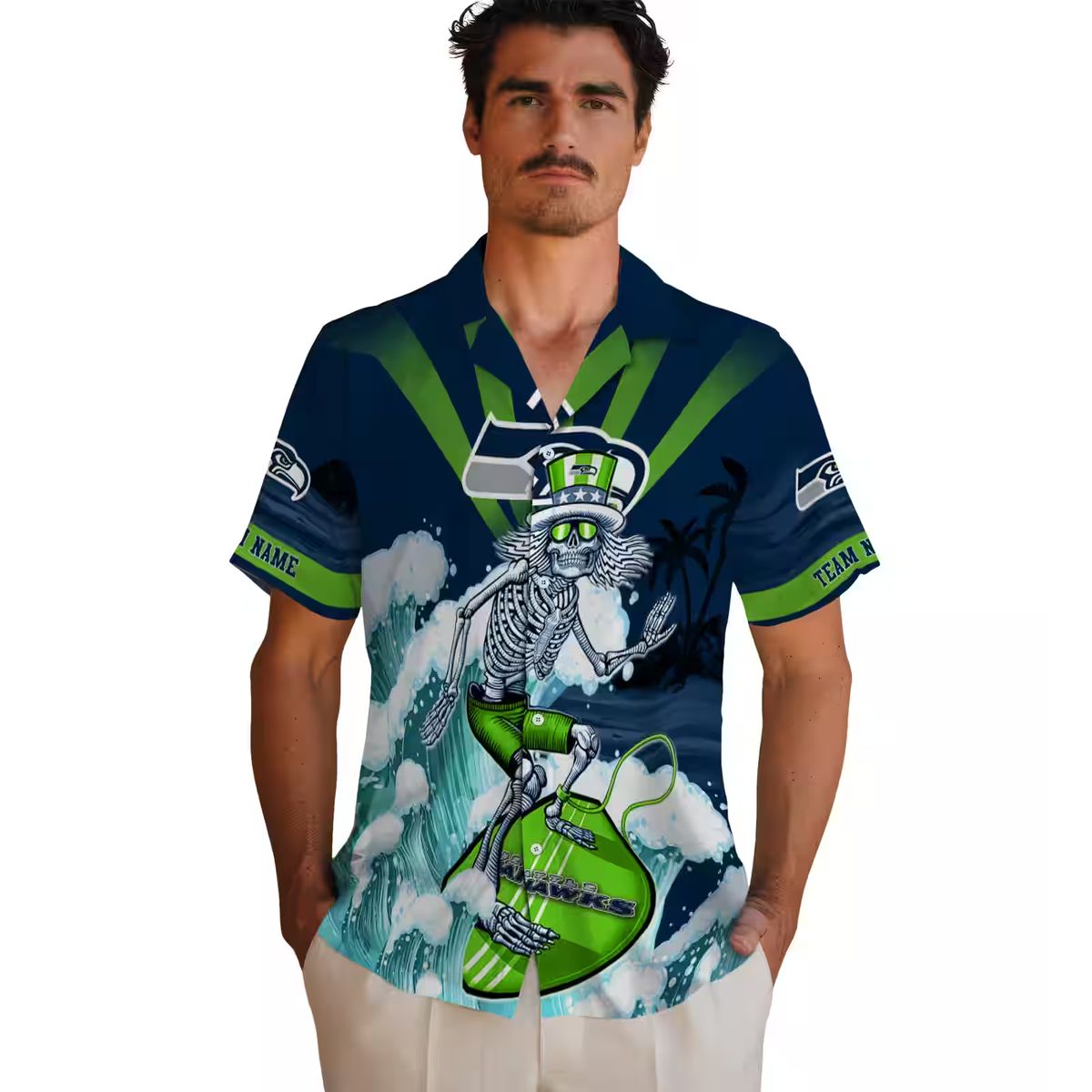 Custom Team Seahawks Surfing Skeleton Hawaiian Shirt for Football Fans