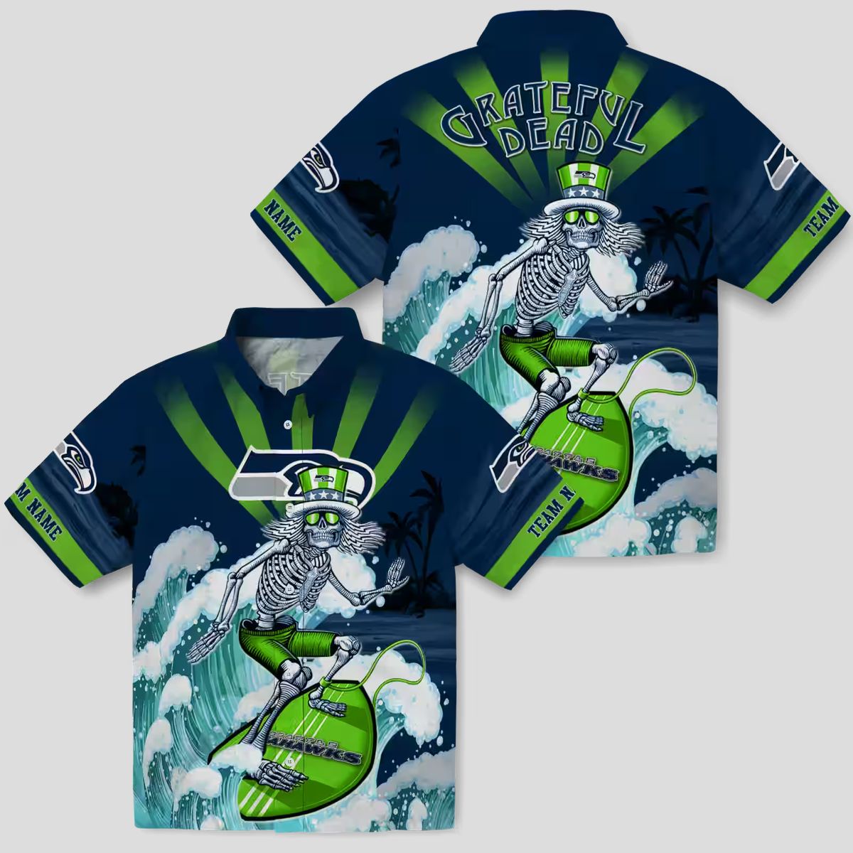 Custom Team Seahawks Surfing Skeleton Hawaiian Shirt for Football Fans