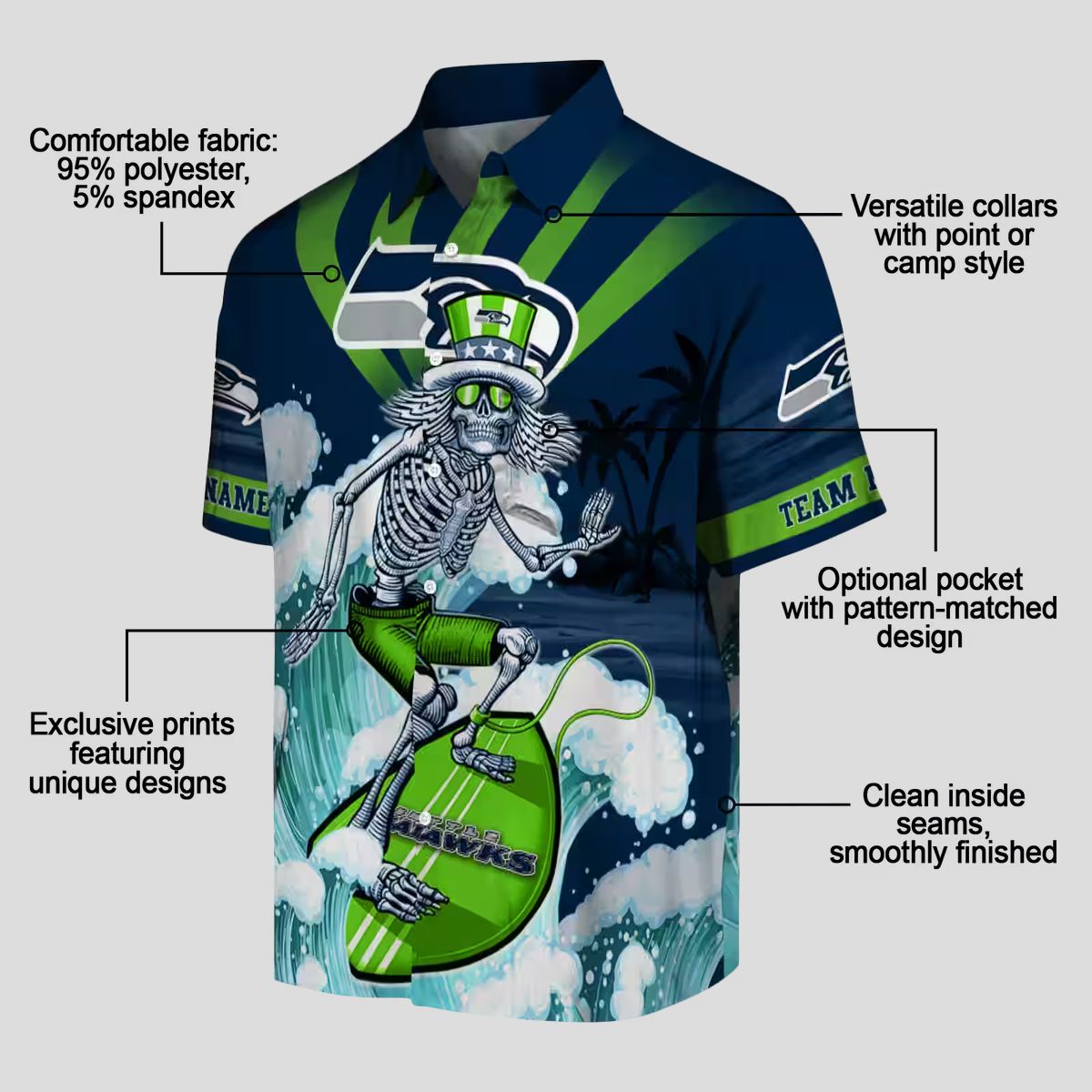 Custom Team Seahawks Surfing Skeleton Hawaiian Shirt for Football Fans