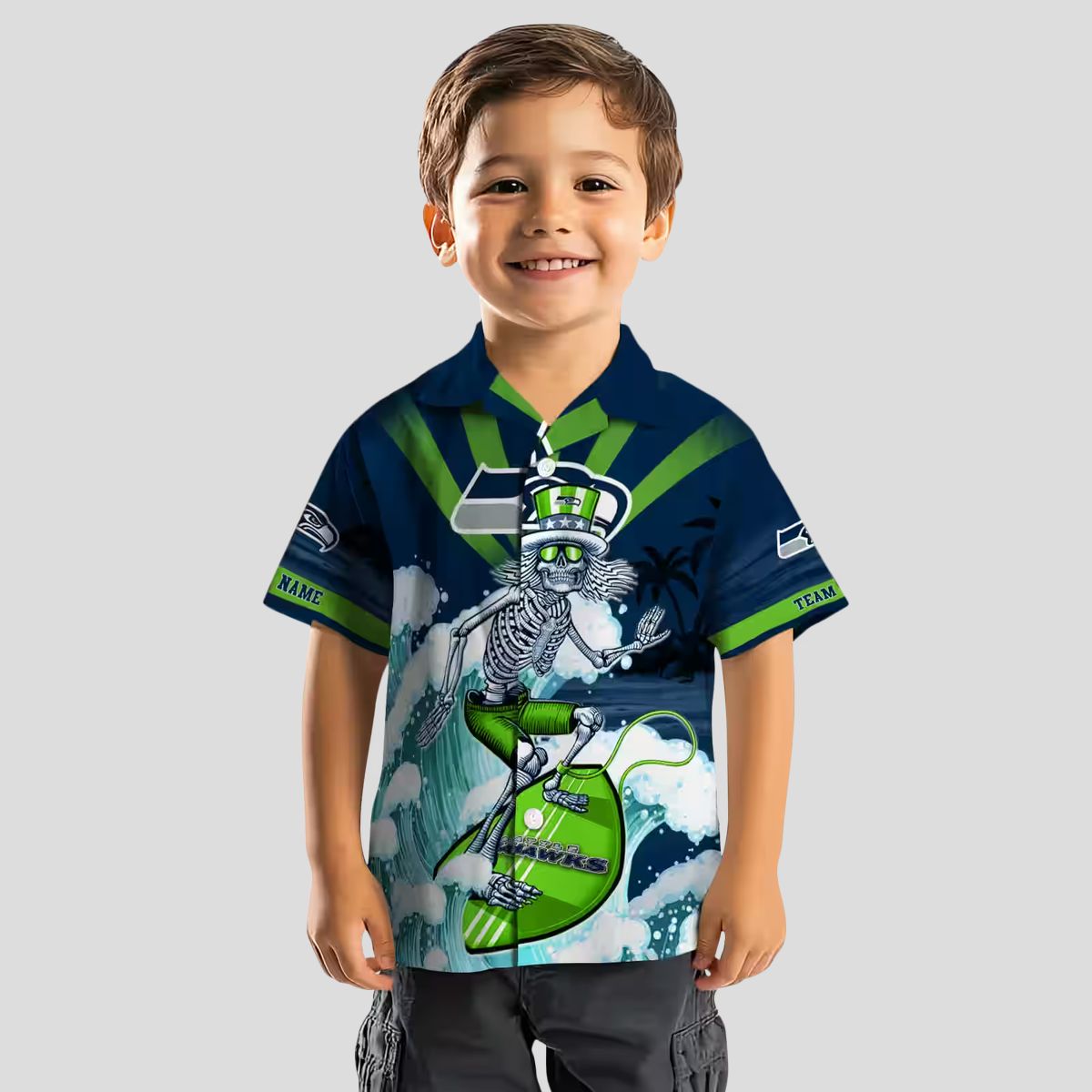 Custom Team Seahawks Surfing Skeleton Hawaiian Shirt for Football Fans