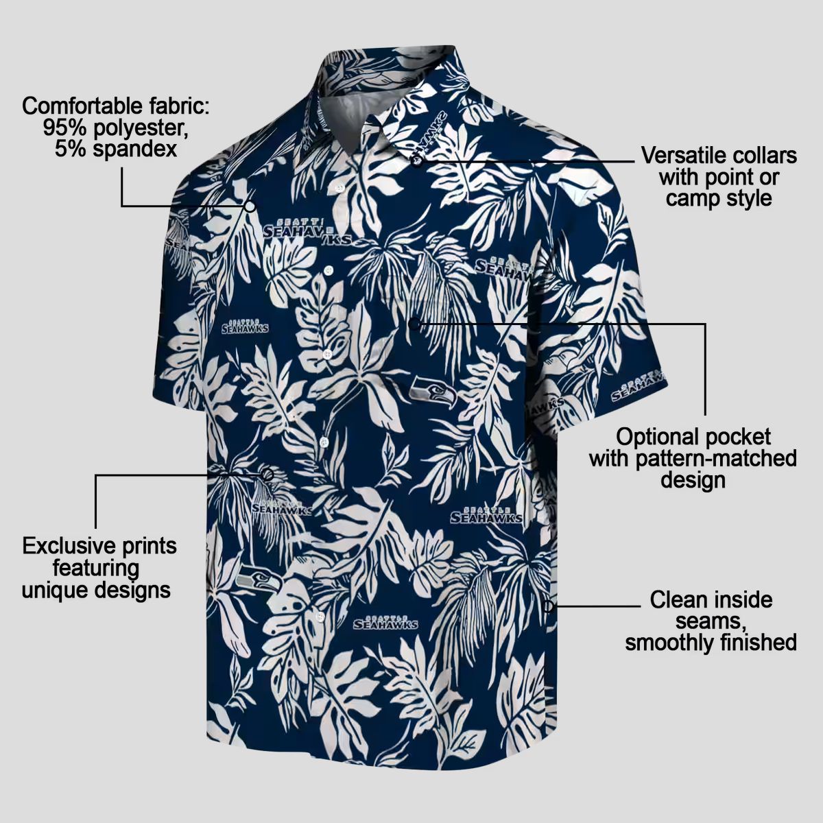 Limited Edition Seattle Seahawks Hawaiian Shirt - Blue White Tropical Leaf Design