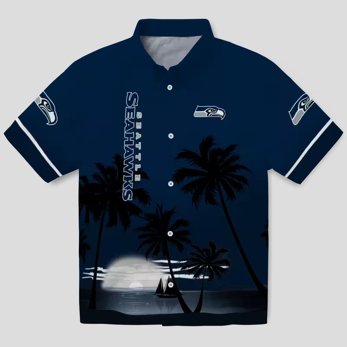 Seattle Seahawks Aloha Hawaiian Shirt, Tropical Palm Sunset & Hibiscus Game Day