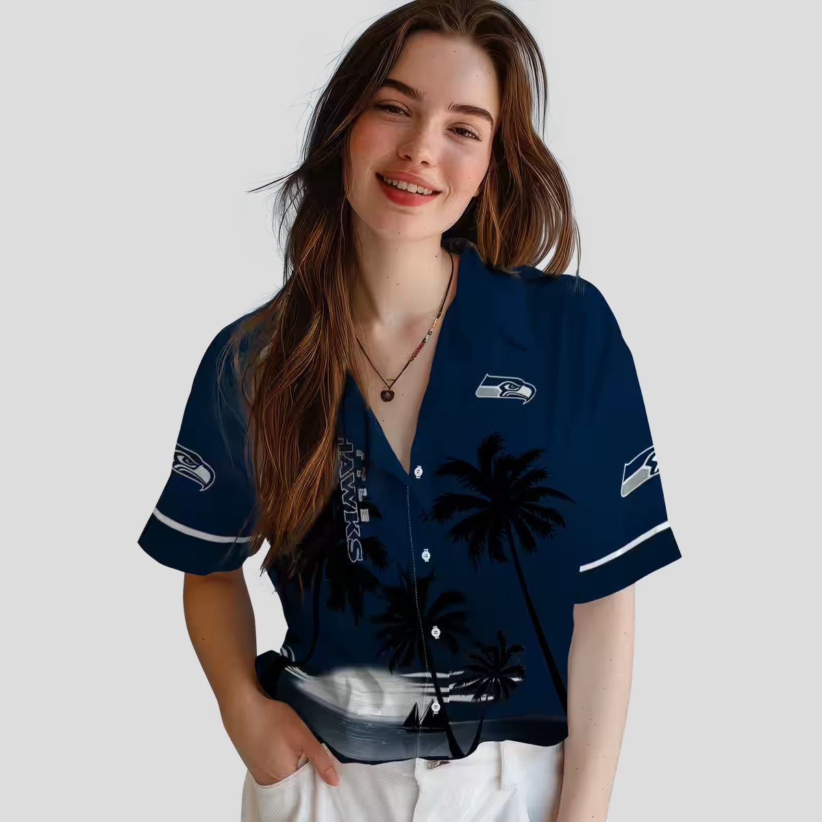 Seattle Seahawks Aloha Hawaiian Shirt, Tropical Palm Sunset & Hibiscus Game Day