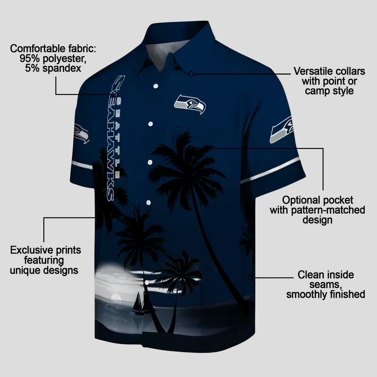Seattle Seahawks Aloha Hawaiian Shirt, Tropical Palm Sunset & Hibiscus Game Day