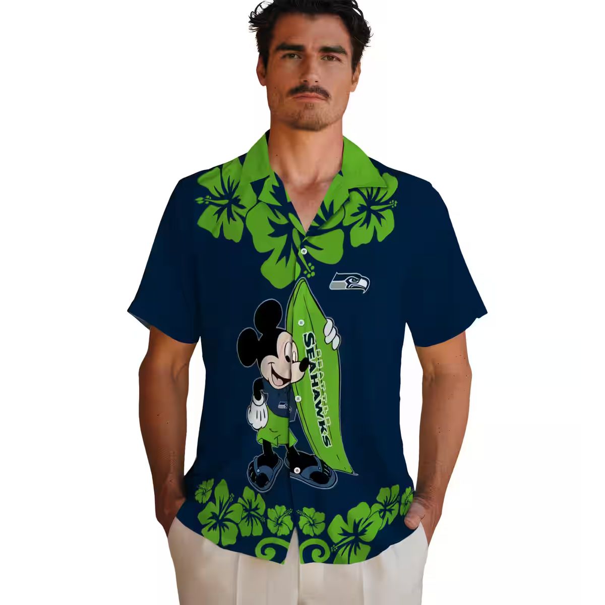 Seattle Seahawks Aloha Shirt, Surfing Mickey Blue Hawaiian NFL Apparel