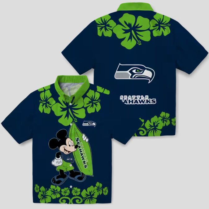 Seattle Seahawks Aloha Shirt, Surfing Mickey Blue Hawaiian NFL Apparel