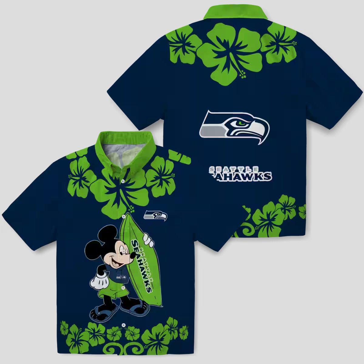 Seattle Seahawks Aloha Shirt, Surfing Mickey Blue Hawaiian NFL Apparel