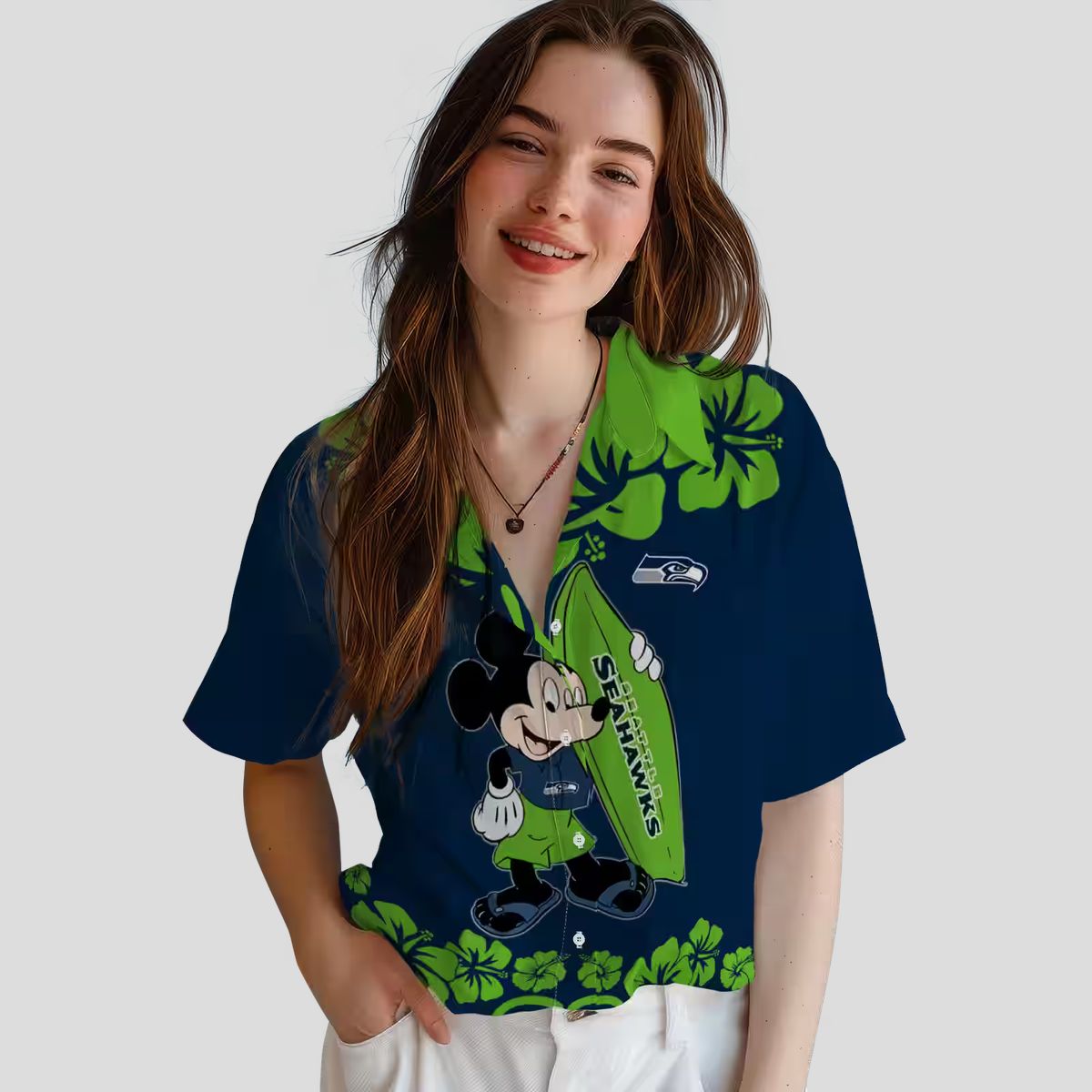 Seattle Seahawks Aloha Shirt, Surfing Mickey Blue Hawaiian NFL Apparel