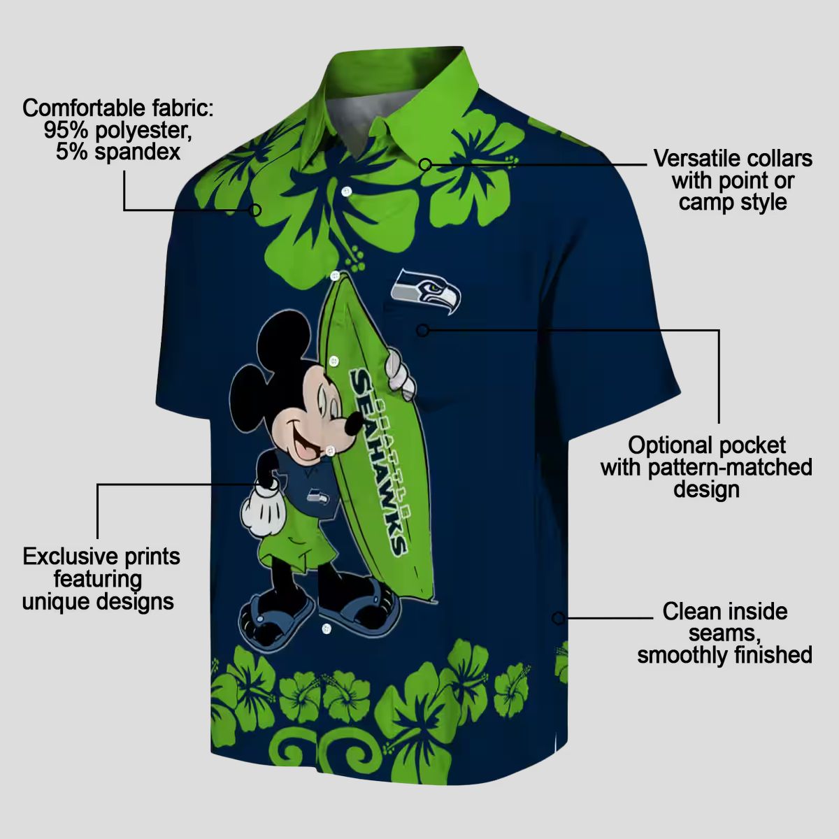 Seattle Seahawks Aloha Shirt, Surfing Mickey Blue Hawaiian NFL Apparel