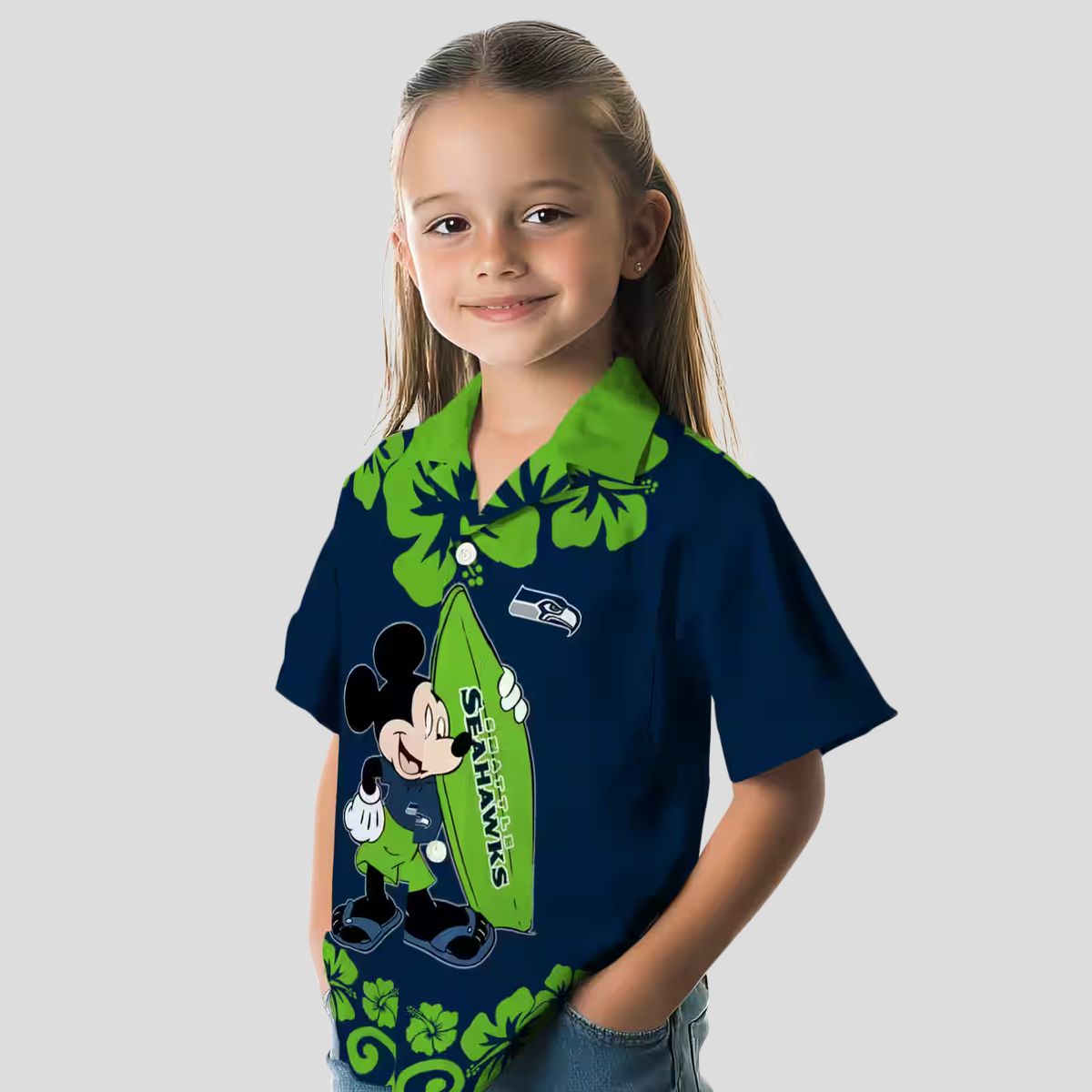 Seattle Seahawks Aloha Shirt, Surfing Mickey Blue Hawaiian NFL Apparel