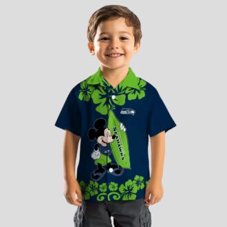 Seattle Seahawks Aloha Shirt, Surfing Mickey Blue Hawaiian NFL Apparel