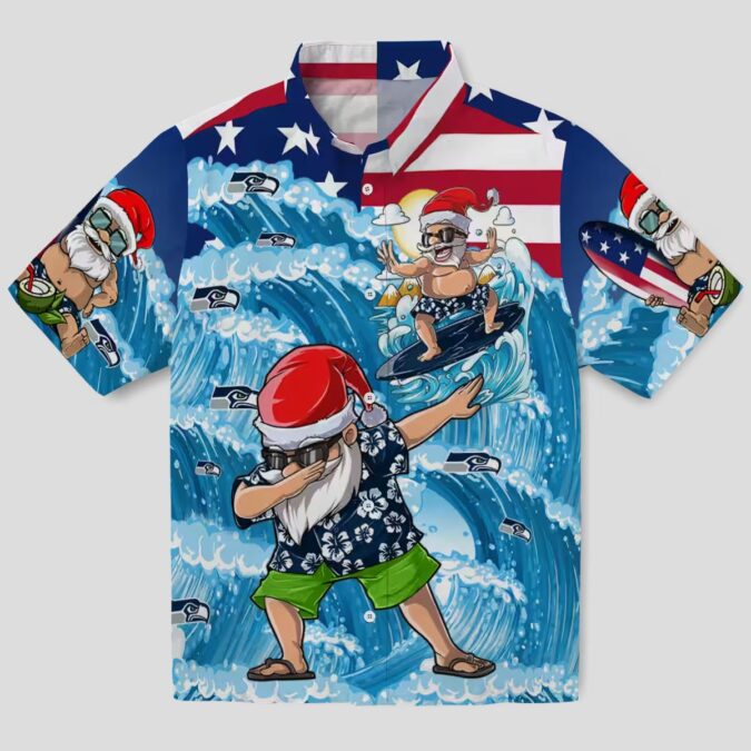 Seattle Seahawks Beach Aloha Hawaiian Shirt, Blue Surfing Santa Tropical Outfit