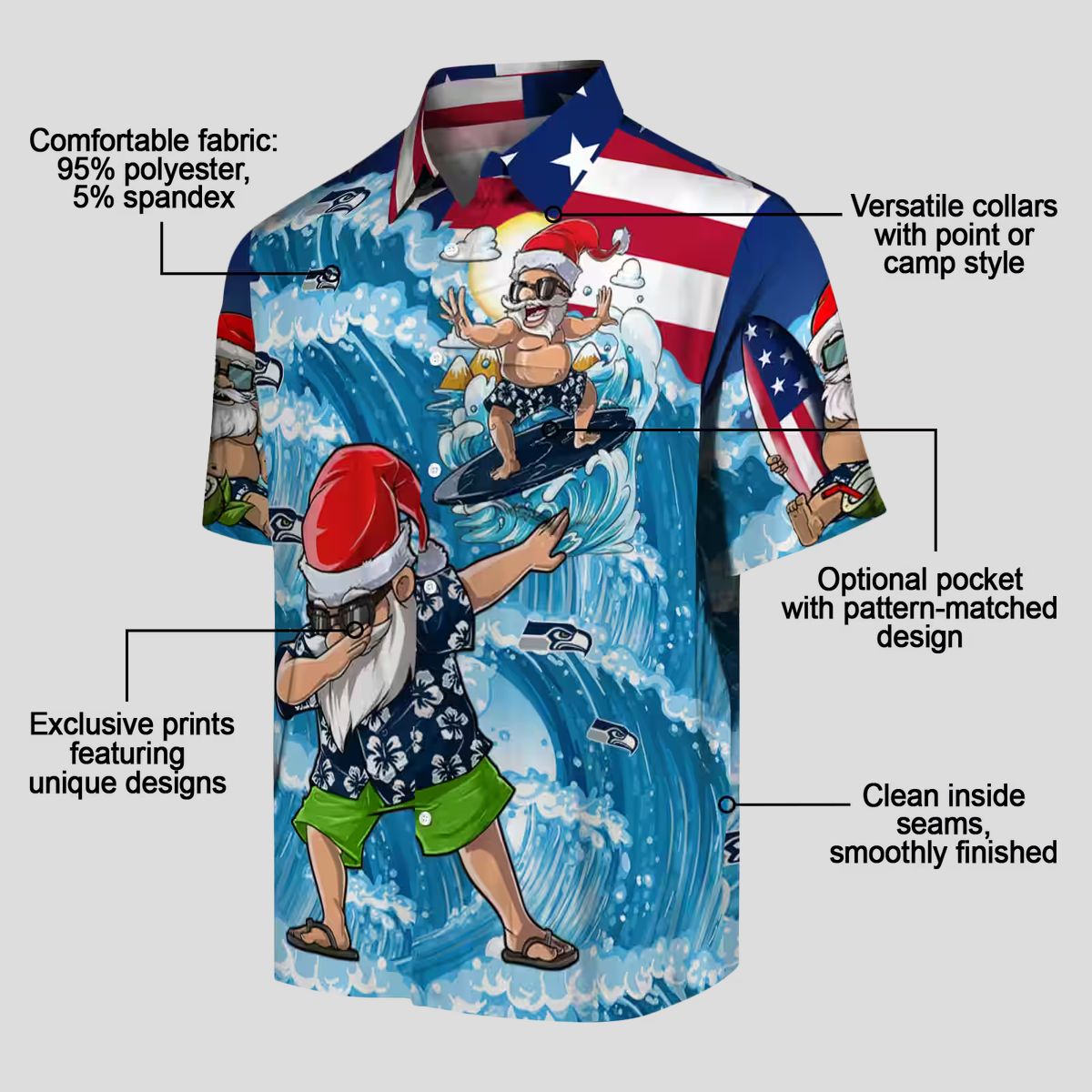 Seattle Seahawks Beach Aloha Hawaiian Shirt, Blue Surfing Santa Tropical Outfit
