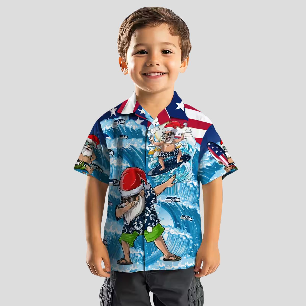 Seattle Seahawks Beach Aloha Hawaiian Shirt, Blue Surfing Santa Tropical Outfit