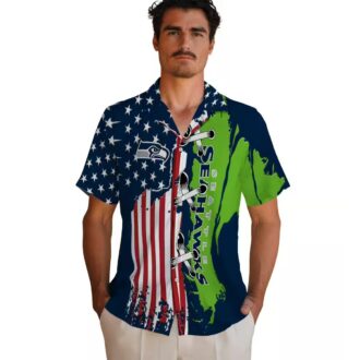 Seattle Seahawks Blue Hawaiian Shirt, Stitched Flag Floral NFL Fan Apparel