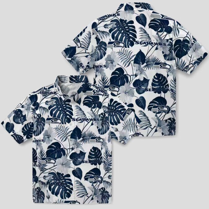 Seattle Seahawks Blue White Hawaiian Shirt, Tropical Plants NFL Fan Beach Shirt