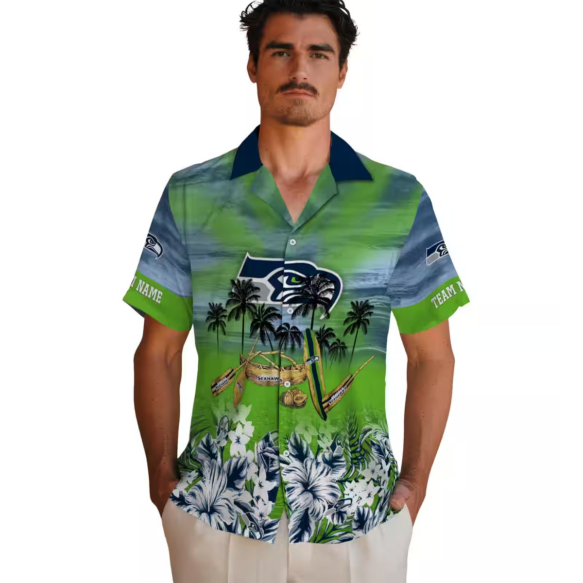 Seattle Seahawks Canoe Blue Hawaiian Shirt, Personalized NFL Summer Outfit