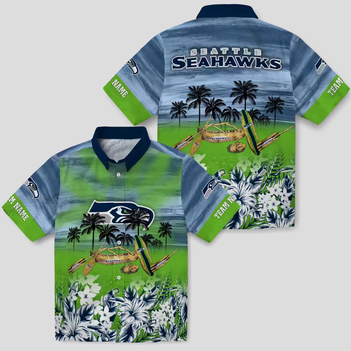 Seattle Seahawks Canoe Blue Hawaiian Shirt, Personalized NFL Summer Outfit