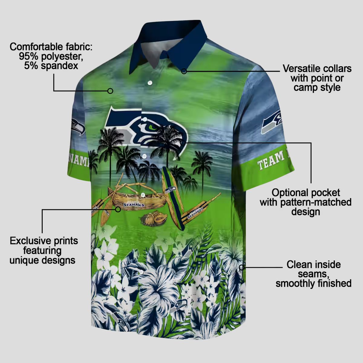 Seattle Seahawks Canoe Blue Hawaiian Shirt, Personalized NFL Summer Outfit